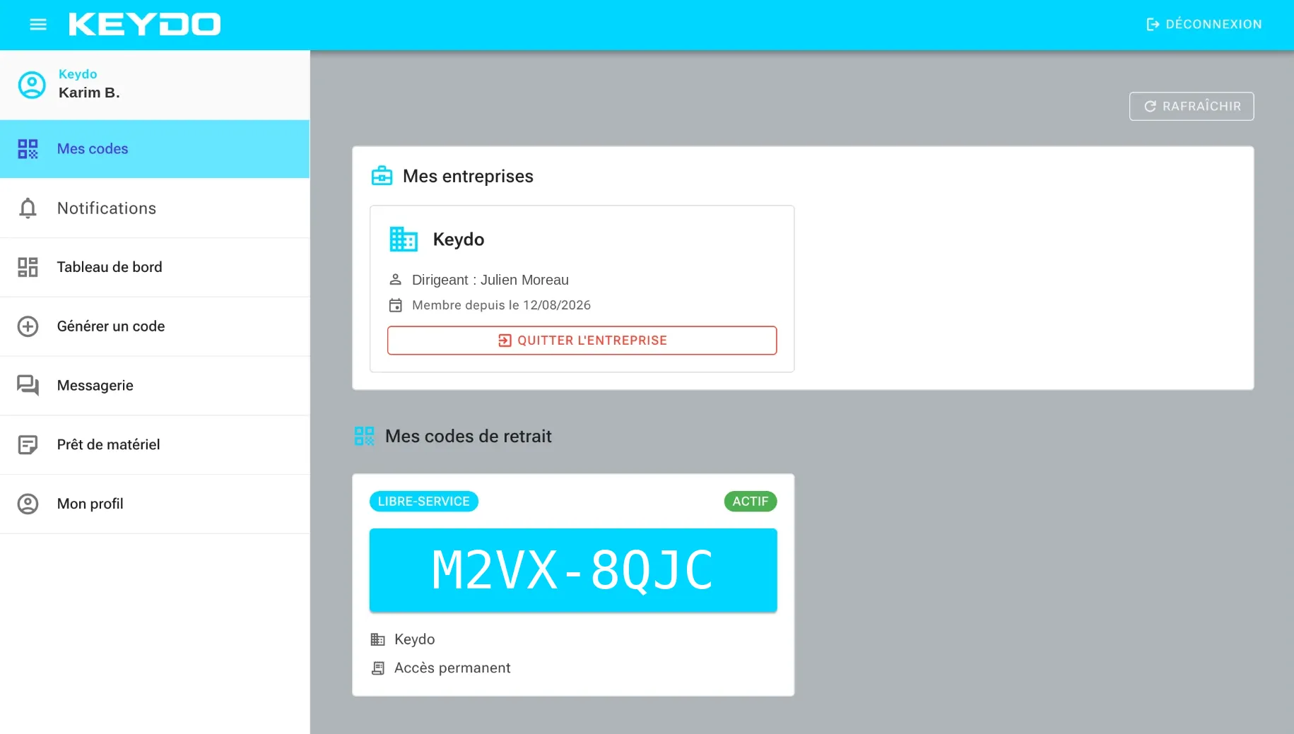 Espace collaborateur Keydo : entreprise de rattachement et codes de retrait actifs