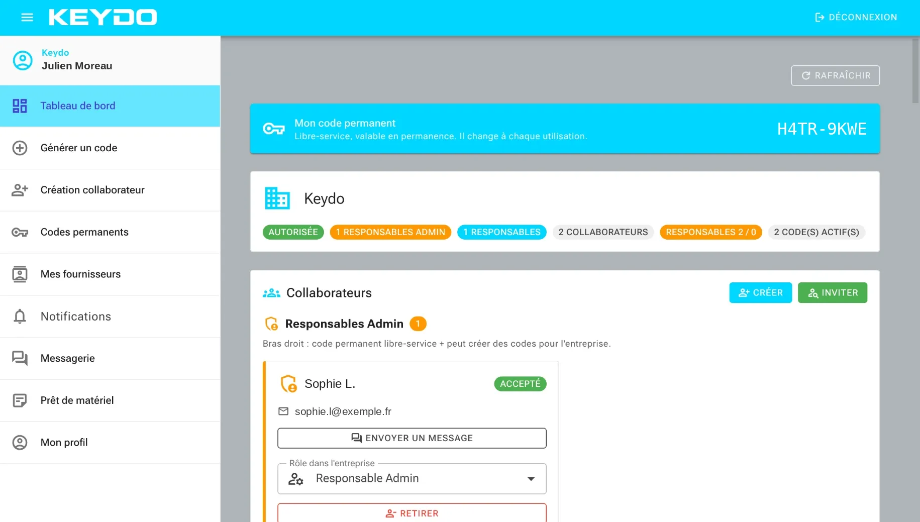 Tableau de bord dirigeant Keydo : code permanent, statut de l'entreprise et gestion des collaborateurs